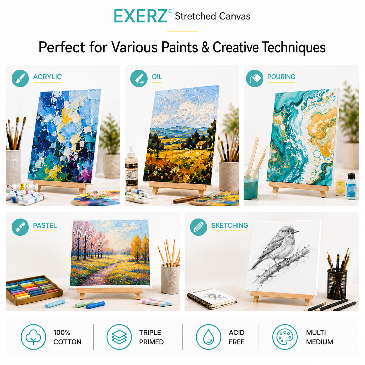 Exerz 60x80cm Stretched Canvas 4pk - 1.7cm/ 280GSM 100% Cotton