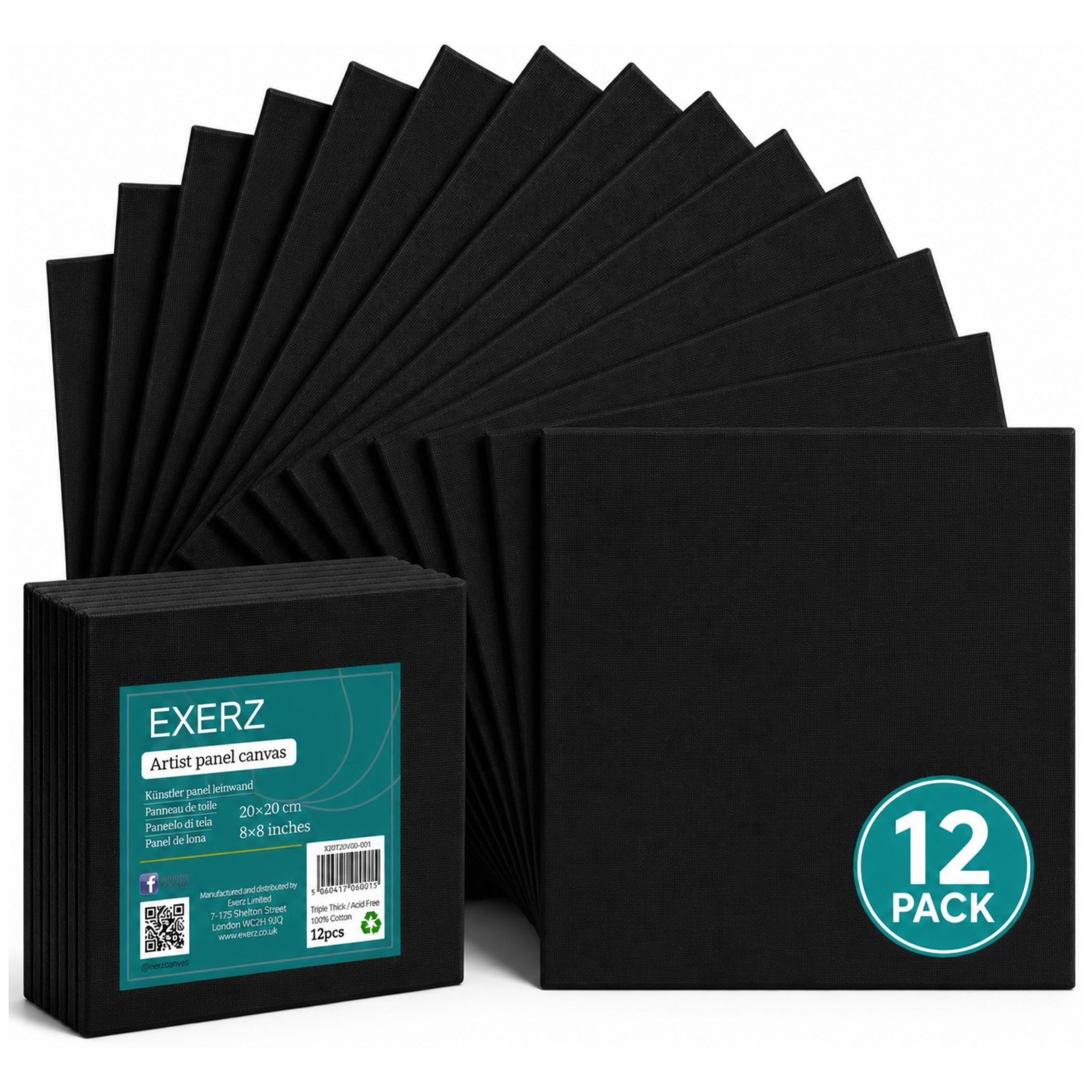 Exerz Black Canvas Panels 20x20cm 12pcs 3mm Canvas Board 280gsm 100% Cotton