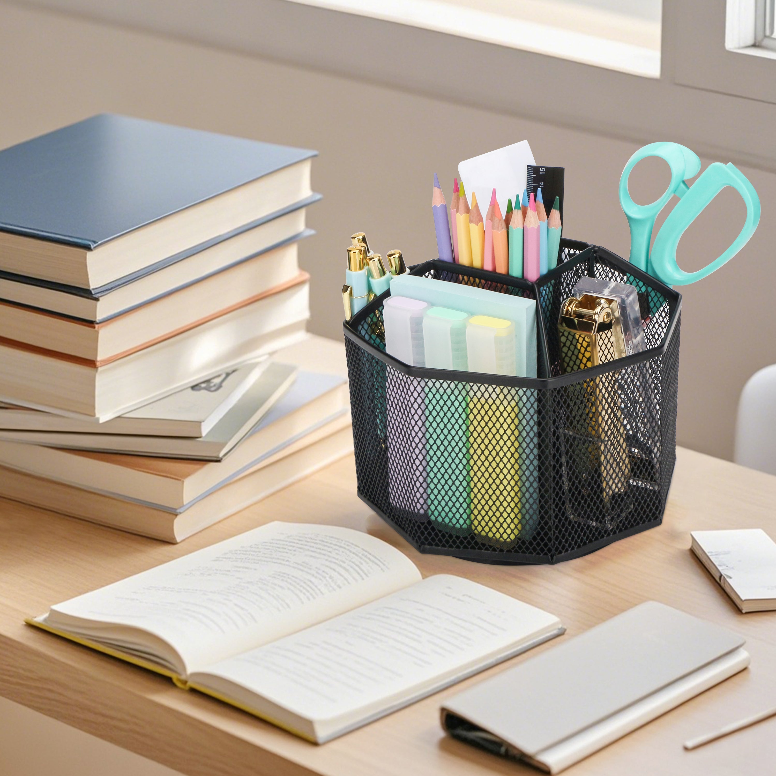 EXERZ Desk Organiser/Mesh Desk Tidy Caddy/Pencil Holder/Multifunctional 360 Rotating - Black