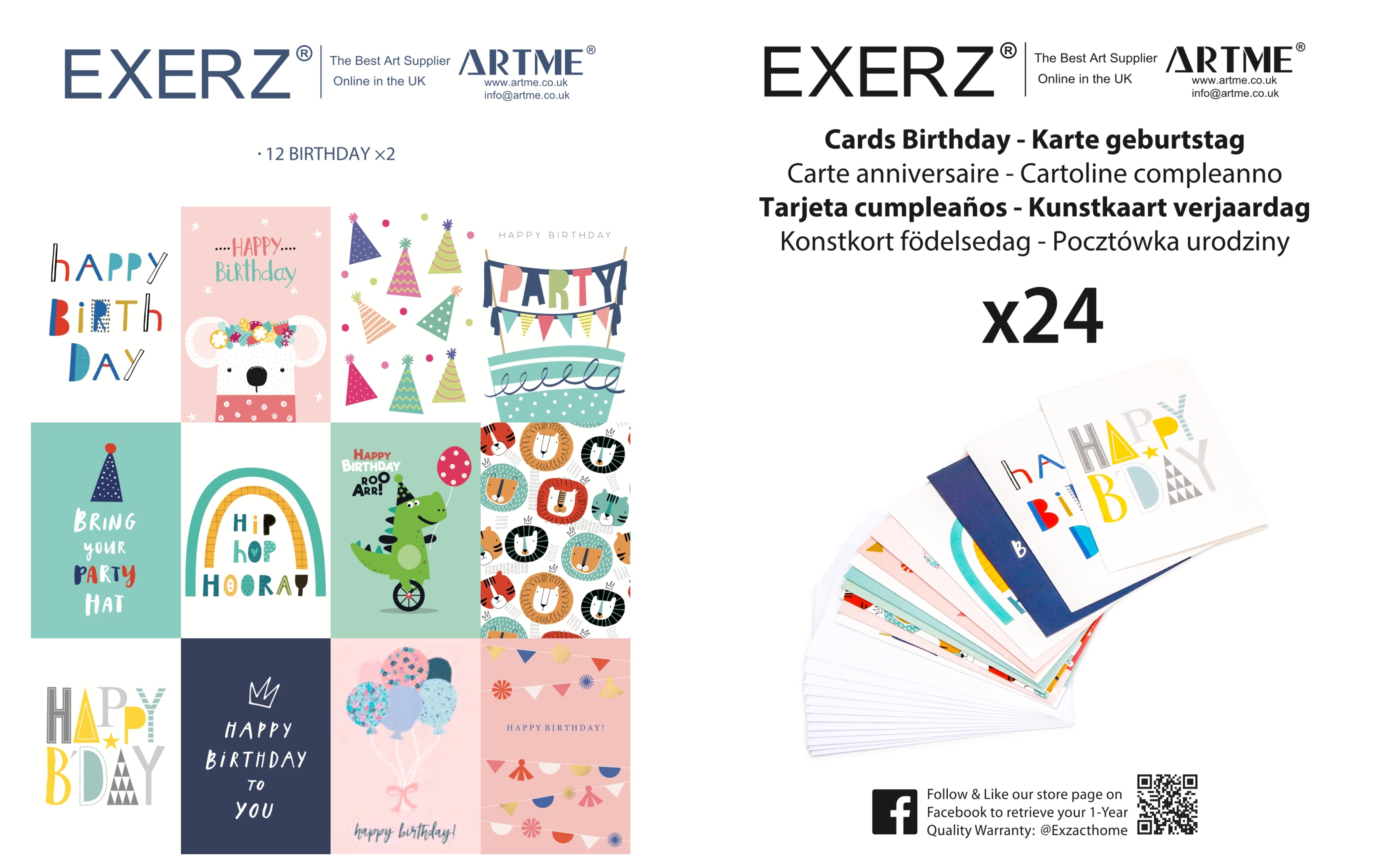 ARTME 24 Assorted Birthday Cards Multipack -12 Designs x 2