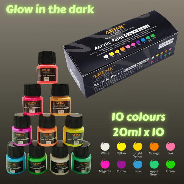 ARTME Glow in the Dark Acrylic Paint Set – 10 Colours x 20ml Tubes – Luminous Neon Paint