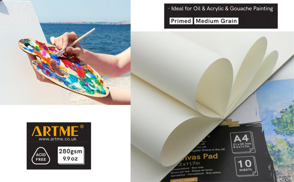 ARTME A4 Canvas Pad 1pk, 10 Sheets 280gsm, Triple Primed, Acid Free, 100% Cotton