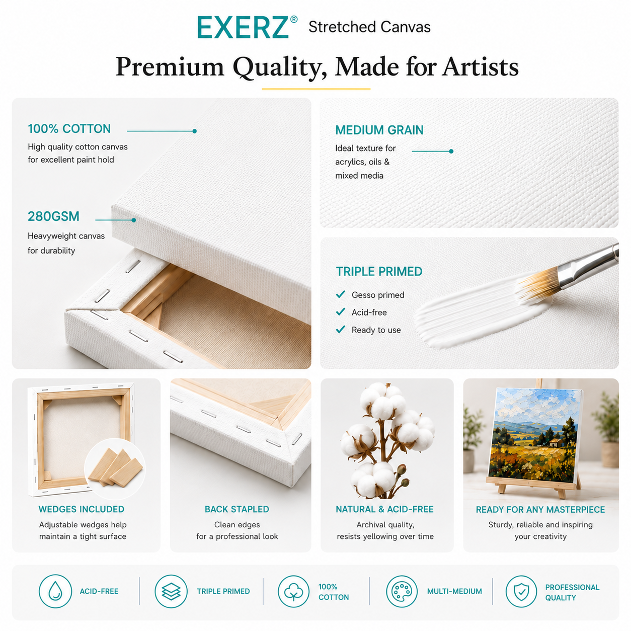 Exerz 60x100cm Stretched Canvas 4pk - 1.7cm/ 280GSM 100% Cotton