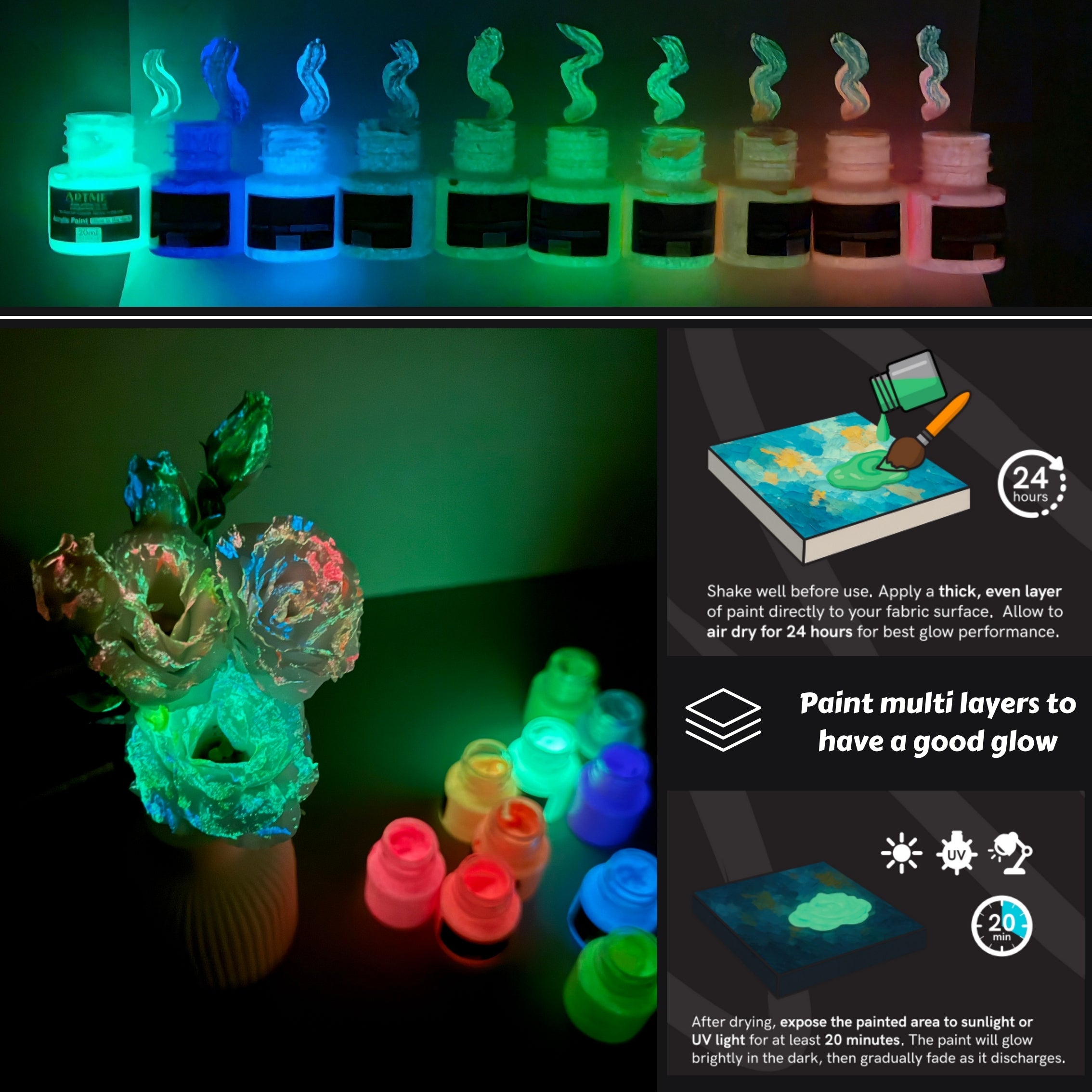 ARTME Glow in the Dark Acrylic Paint Set – 10 Colours x 20ml Tubes – Luminous Neon Paint