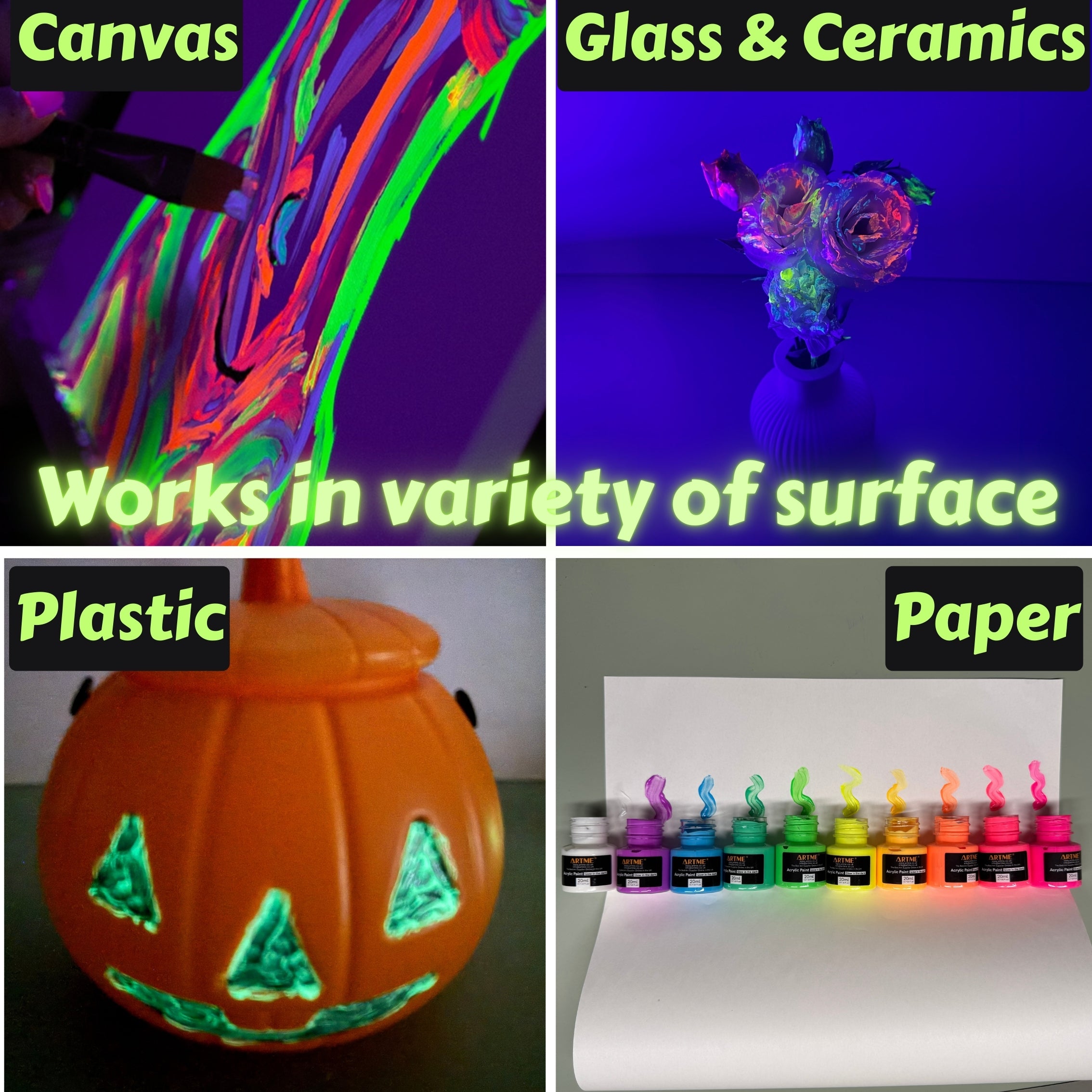 ARTME Glow in the Dark Acrylic Paint Set – 10 Colours x 20ml Tubes – Luminous Neon Paint