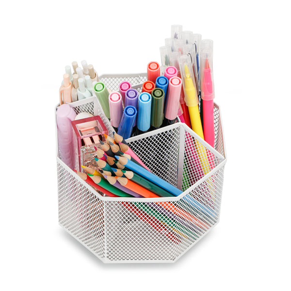 EXERZ Desk Organiser/Mesh Desk Tidy Caddy/Pencil Holder/Multifunctional 360 Rotating -White