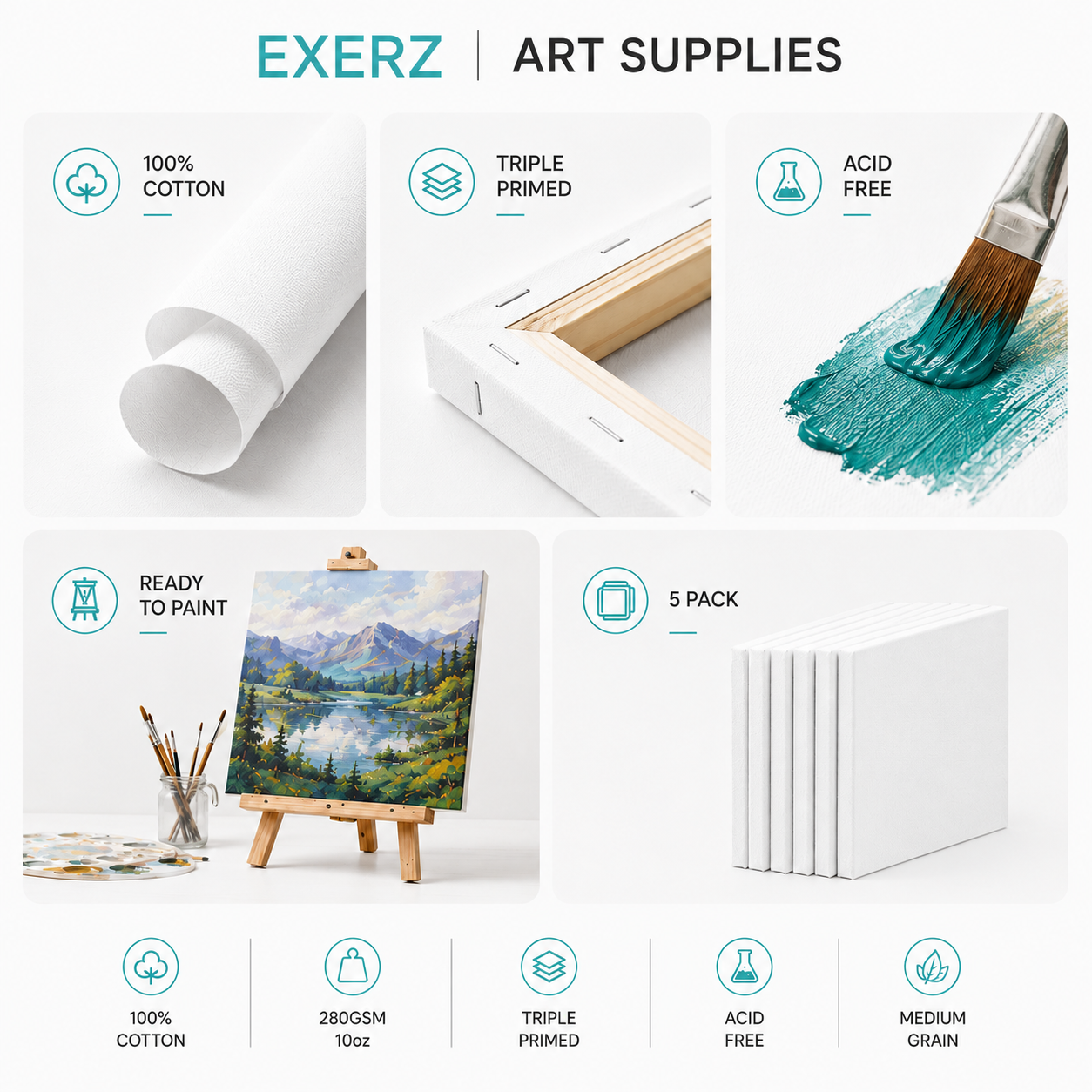 Exerz 60x100cm Stretched Canvas 4pk - 1.7cm/ 280GSM 100% Cotton