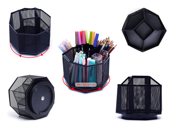 EXERZ Desk Organiser/Mesh Desk Tidy Caddy/Pencil Holder/Multifunctional 360 Rotating - Black