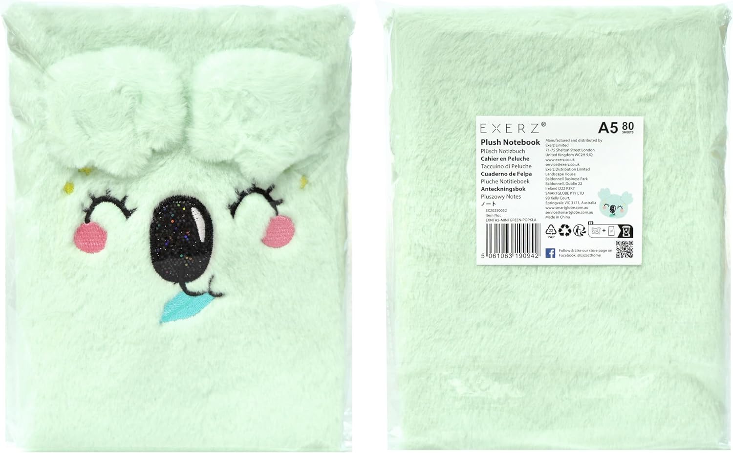 EXERZ A5 Notebook - Mint Green Koala - pop up ears