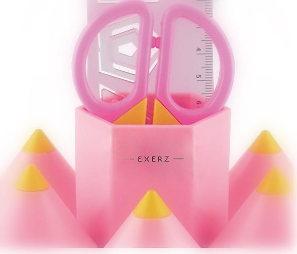 EXERZ Rotary Desk Organiser Pen Tidy Set with 5 Accessory Boxes -with Safety Scissors (NOT Sharp), Ruler, Tape Dispenser, Eraser, Clips - Pink