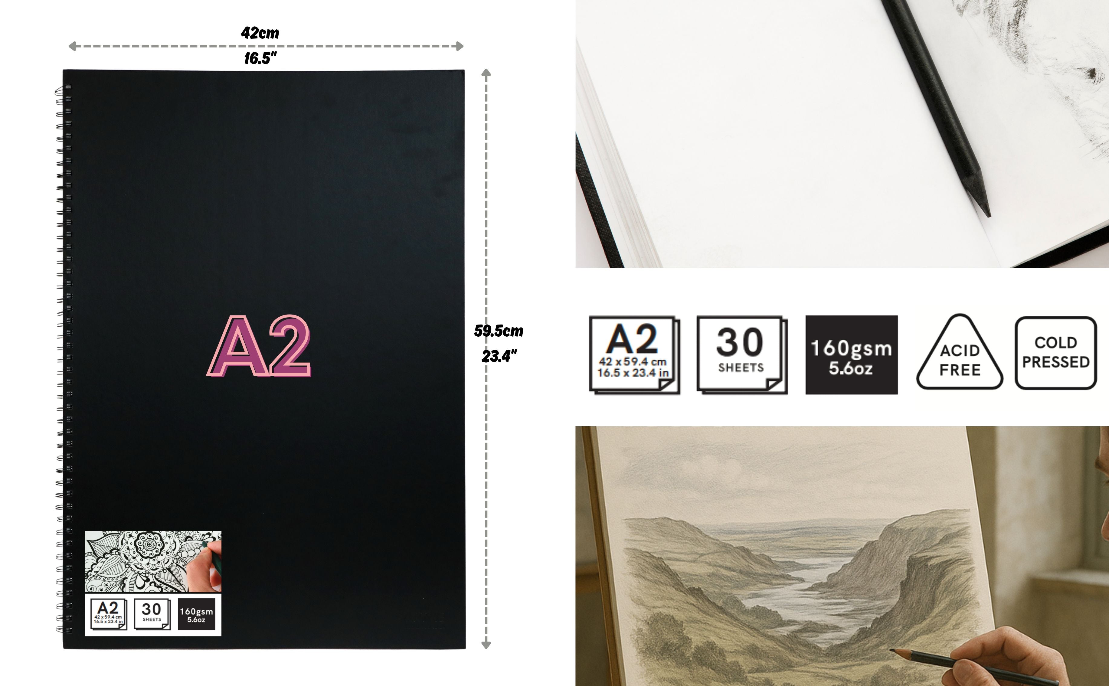 Artme A2 Sketch Pad, 30 Sheets 160gsm, Spiral Bound, Sketchbook Portrait
