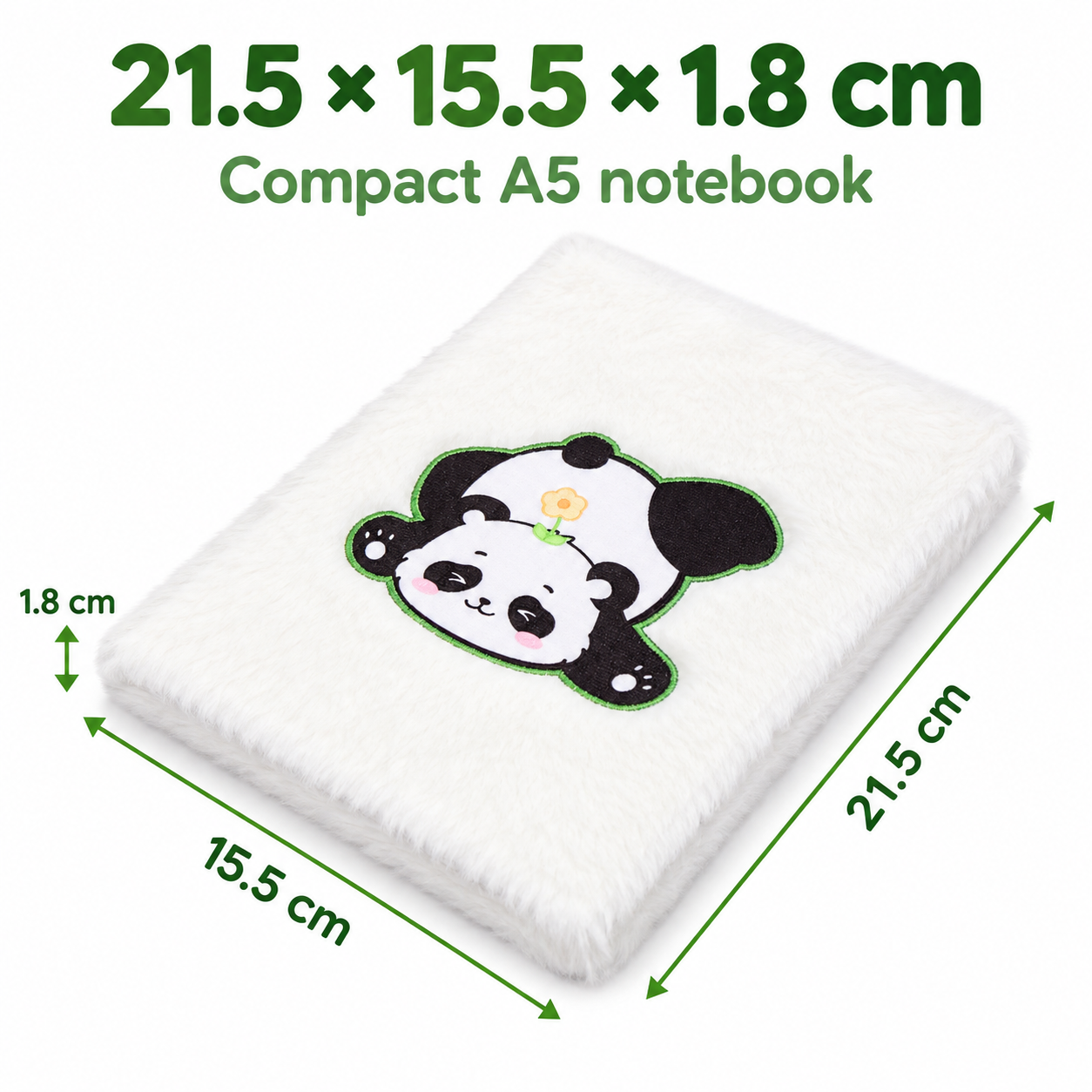 EXERZ A5 Fluffy Panda Notebook - Embroidered Cover, 160 Pages Lined Paper