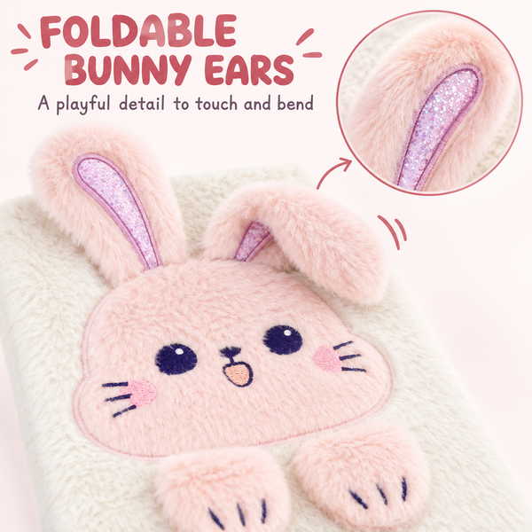 EXERZ A5 Fluffy Rabbit Notebook -Foldable Ears, 160 Pages Lined Paper