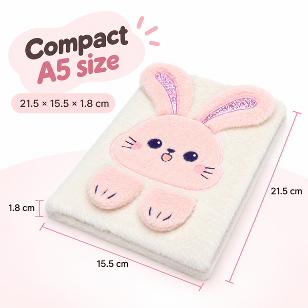 EXERZ A5 Fluffy Rabbit Notebook -Foldable Ears, 160 Pages Lined Paper