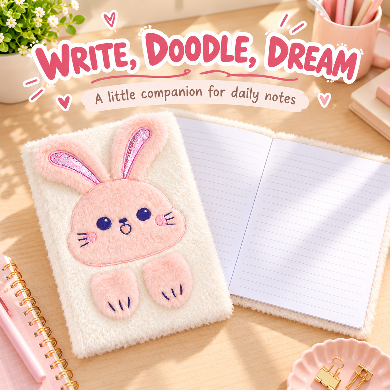 EXERZ A5 Fluffy Rabbit Notebook -Foldable Ears, 160 Pages Lined Paper