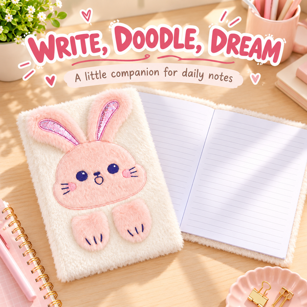 EXERZ A5 Fluffy Rabbit Notebook -Foldable Ears, 160 Pages Lined Paper