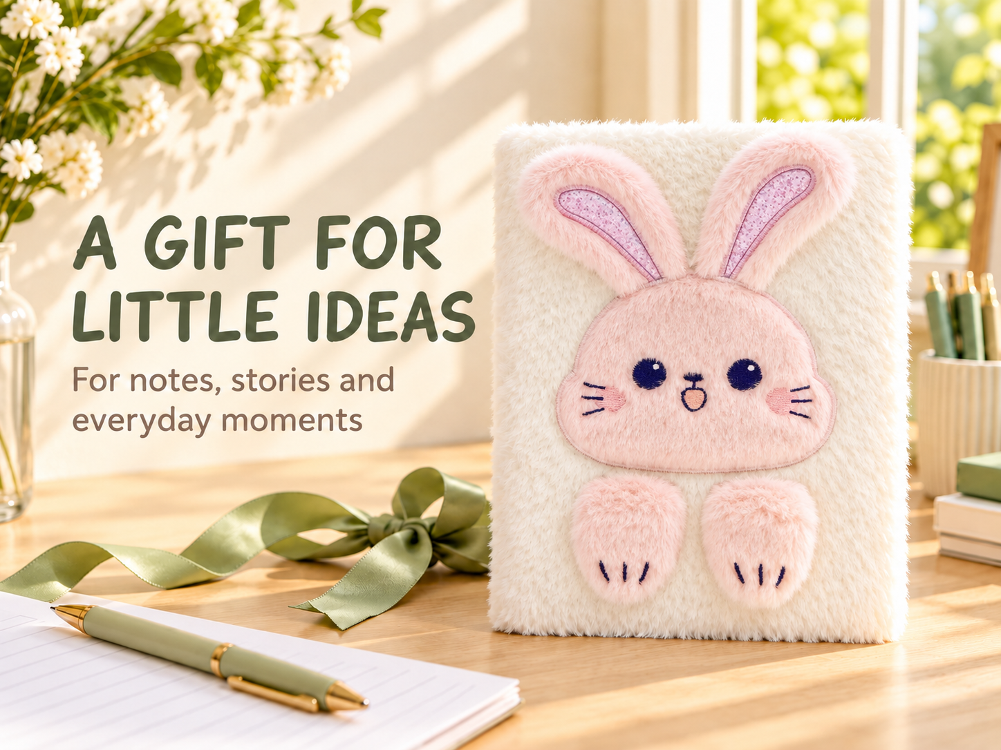 EXERZ A5 Fluffy Rabbit Notebook -Foldable Ears, 160 Pages Lined Paper
