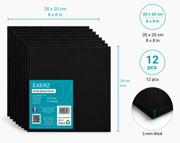 Exerz Black Canvas Panels 20x20cm 12pcs 3mm Canvas Board 280gsm 100% Cotton