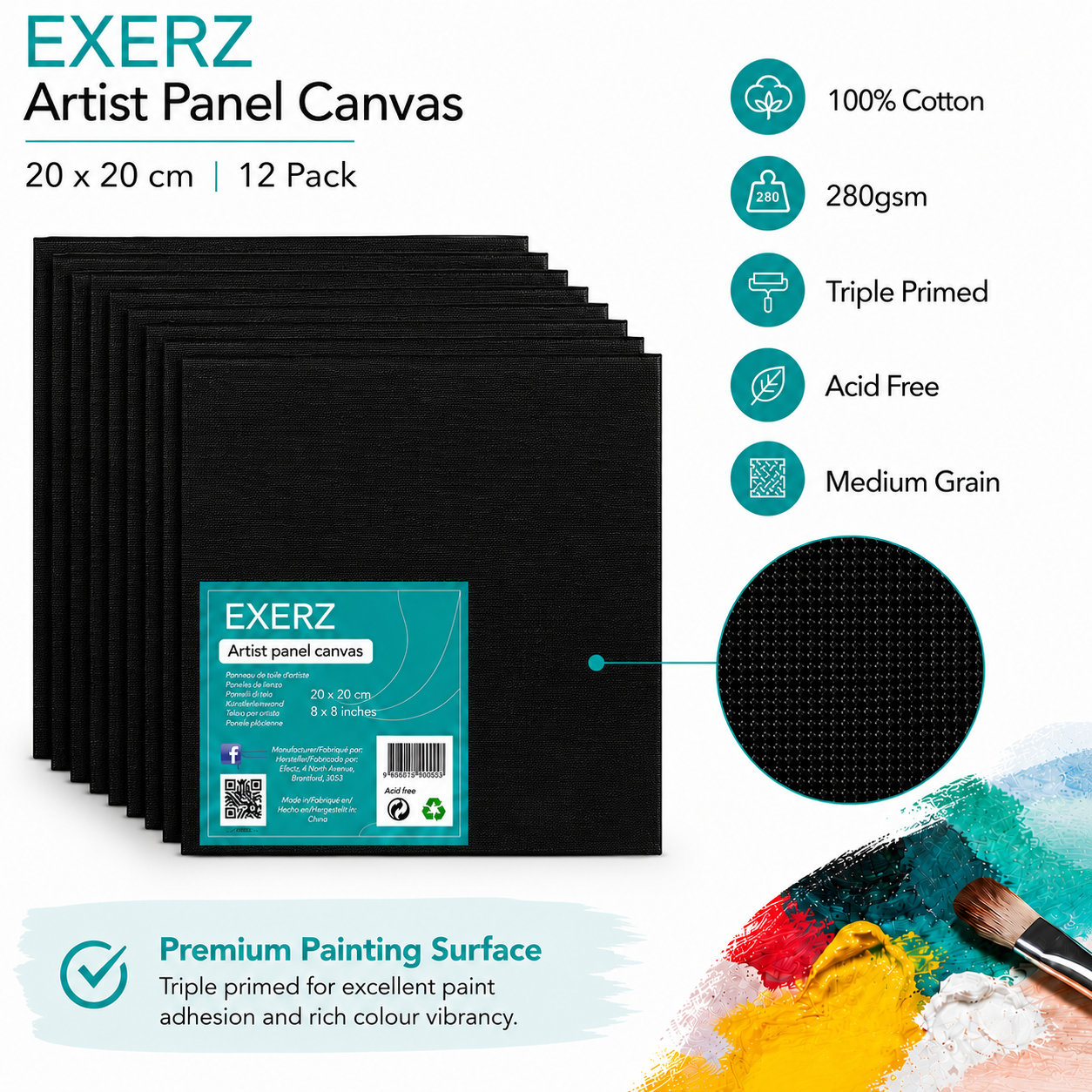 Exerz Black Canvas Panels 20x20cm 12pcs 3mm Canvas Board 280gsm 100% Cotton