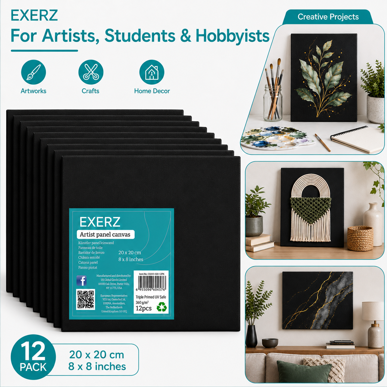 Exerz Black Canvas Panels 20x20cm 12pcs 3mm Canvas Board 280gsm 100% Cotton
