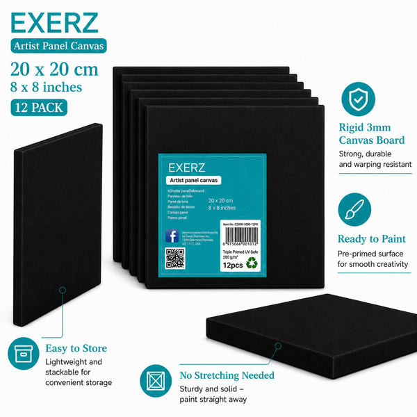 Exerz Black Canvas Panels 20x20cm 12pcs 3mm Canvas Board 280gsm 100% Cotton