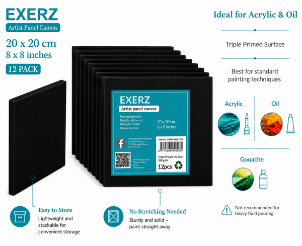 Exerz Black Canvas Panels 20x20cm 12pcs 3mm Canvas Board 280gsm 100% Cotton