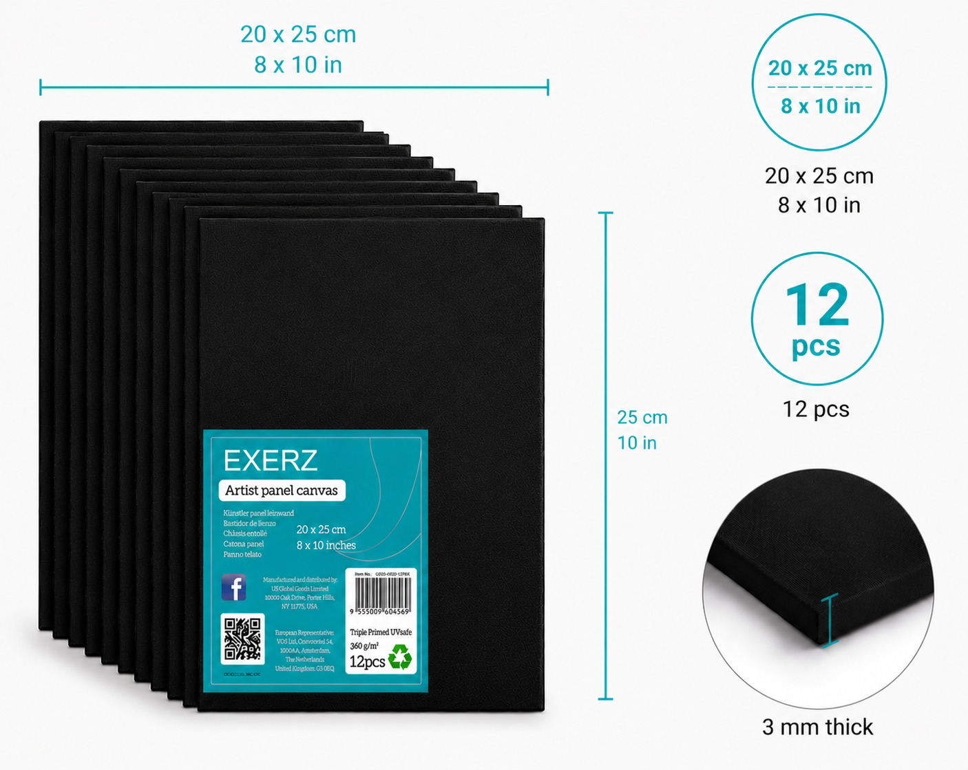 Exerz Black Canvas Panels 20x25cm 12pcs 3mm Canvas Board 280gsm 100% Cotton
