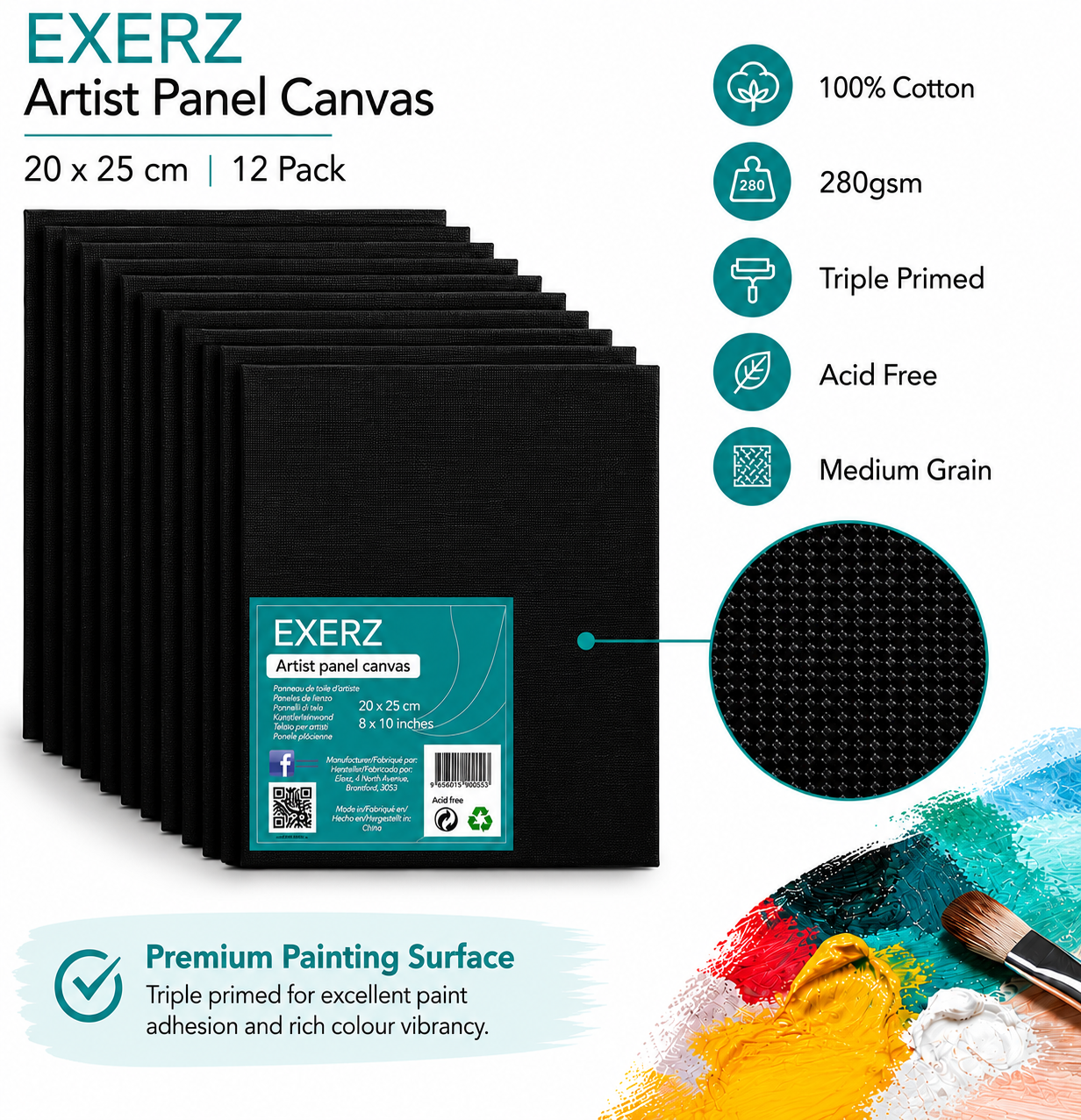 Exerz Black Canvas Panels 20x25cm 12pcs 3mm Canvas Board 280gsm 100% Cotton