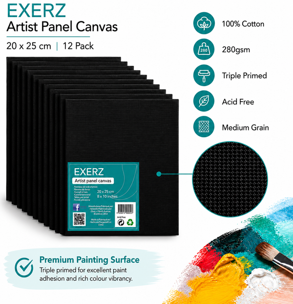 Exerz Black Canvas Panels 20x25cm 12pcs 3mm Canvas Board 280gsm 100% Cotton