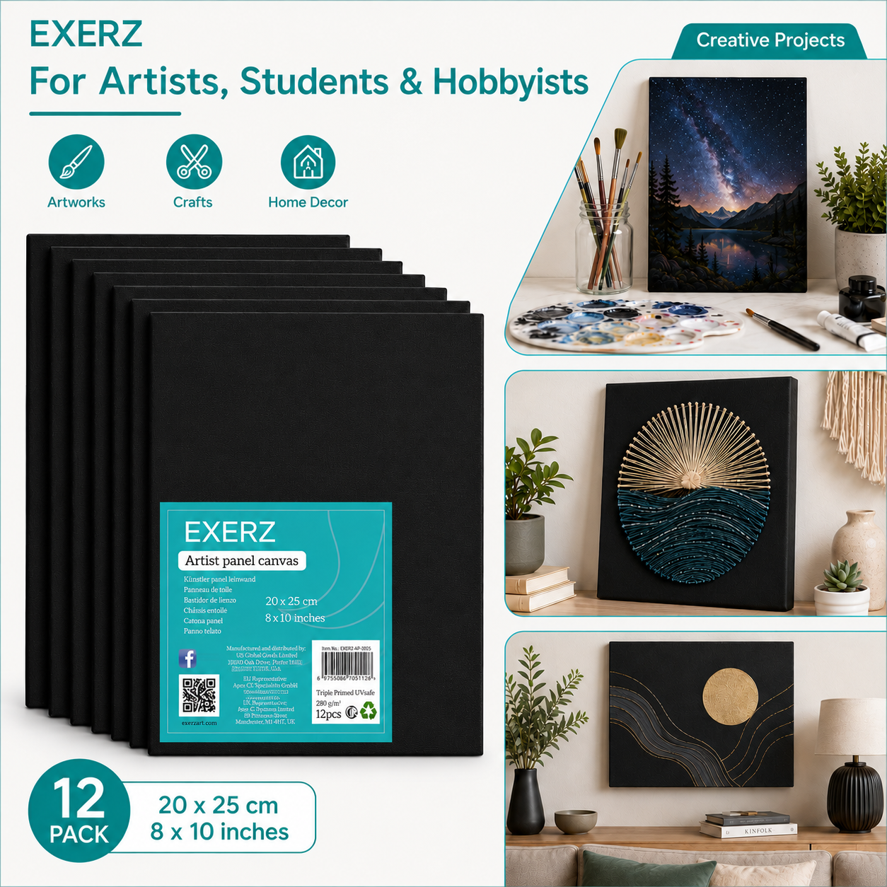Exerz Black Canvas Panels 20x25cm 12pcs 3mm Canvas Board 280gsm 100% Cotton