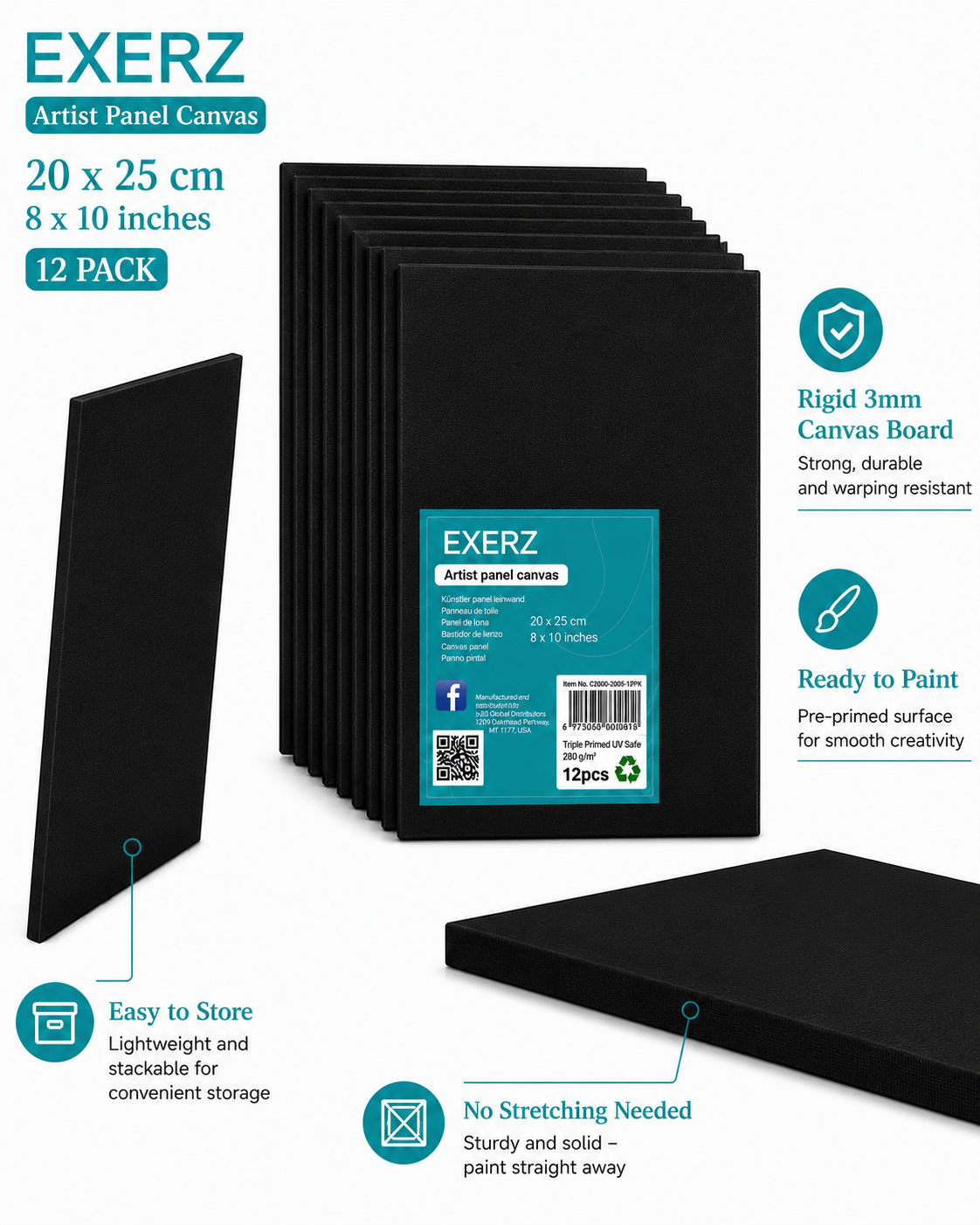 Exerz Black Canvas Panels 20x25cm 12pcs 3mm Canvas Board 280gsm 100% Cotton