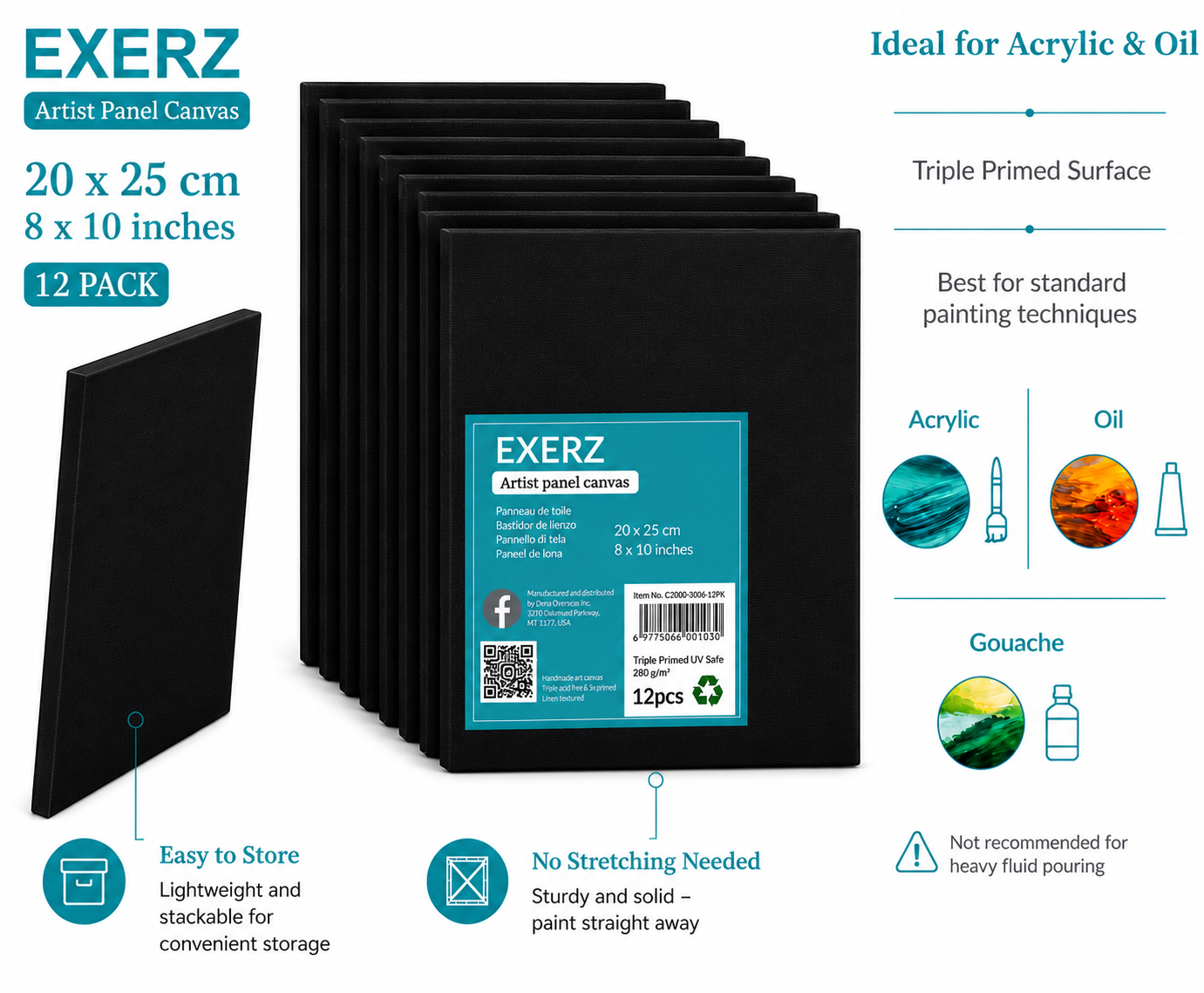 Exerz Black Canvas Panels 20x25cm 12pcs 3mm Canvas Board 280gsm 100% Cotton