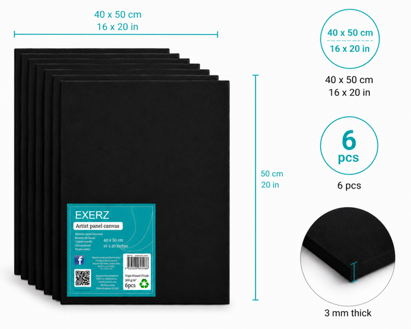 Exerz 40x50cm Black Canvas Panels 3mm 6pcs - Canvas Board 100% Cotton 280gsm