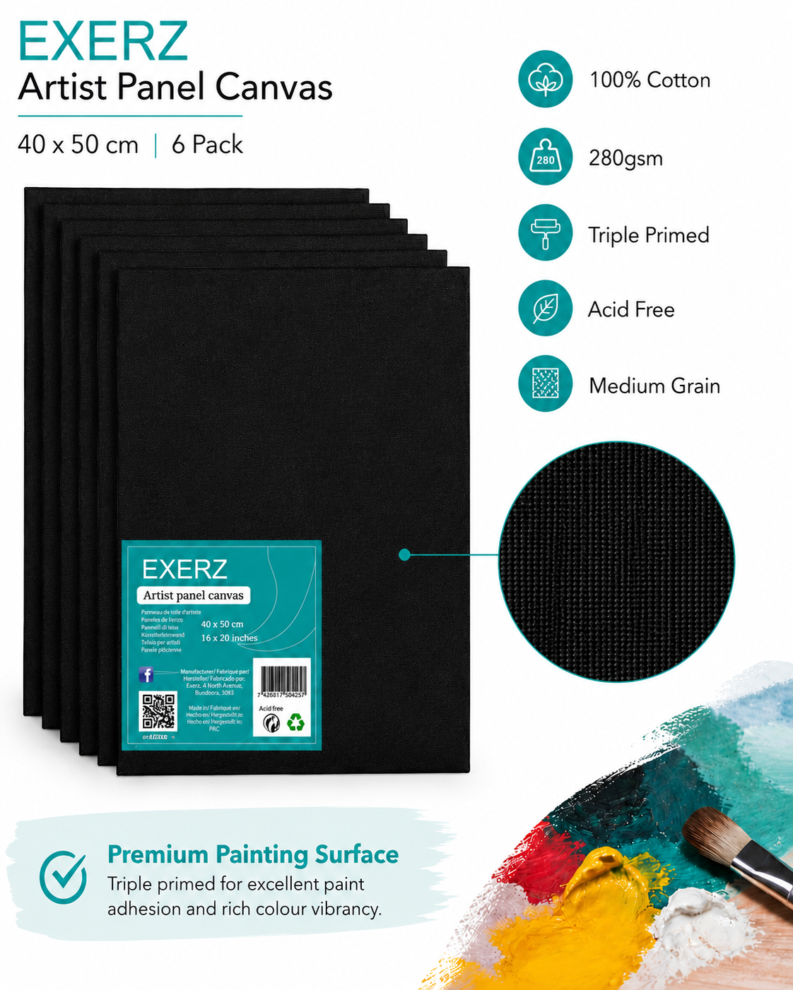 Exerz 40x50cm Black Canvas Panels 3mm 6pcs - Canvas Board 100% Cotton 280gsm