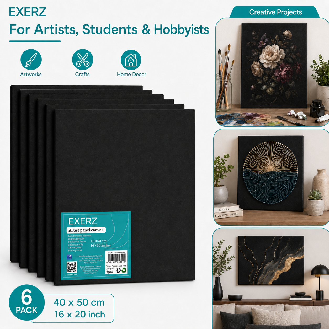 Exerz 40x50cm Black Canvas Panels 3mm 6pcs - Canvas Board 100% Cotton 280gsm
