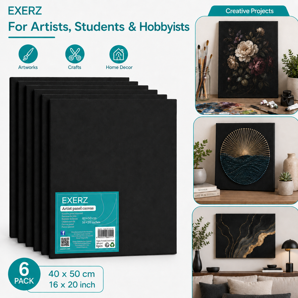 Exerz 40x50cm Black Canvas Panels 3mm 6pcs - Canvas Board 100% Cotton 280gsm