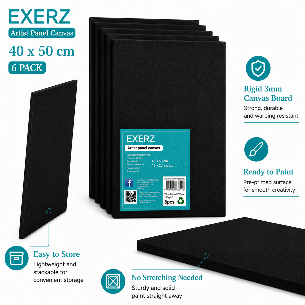 Exerz 40x50cm Black Canvas Panels 3mm 6pcs - Canvas Board 100% Cotton 280gsm