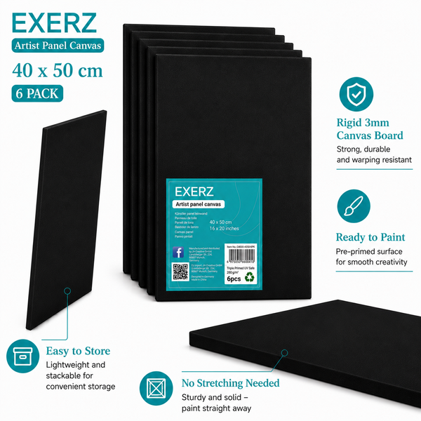 Exerz 40x50cm Black Canvas Panels 3mm 6pcs - Canvas Board 100% Cotton 280gsm