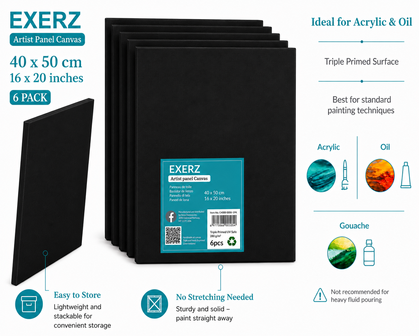 Exerz 40x50cm Black Canvas Panels 3mm 6pcs - Canvas Board 100% Cotton 280gsm