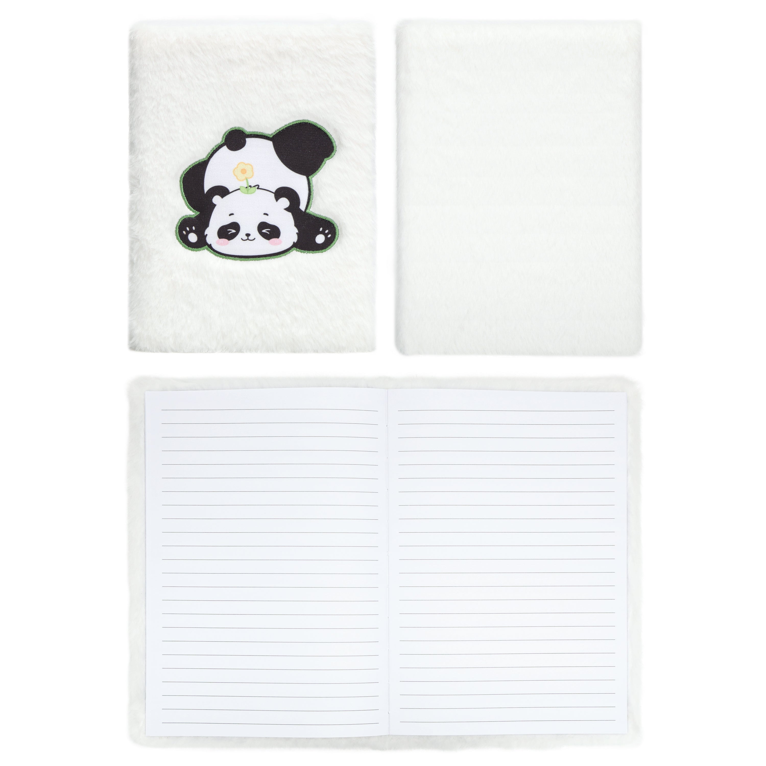 EXERZ A5 Fluffy Panda Notebook - Embroidered Cover, 160 Pages Lined Paper