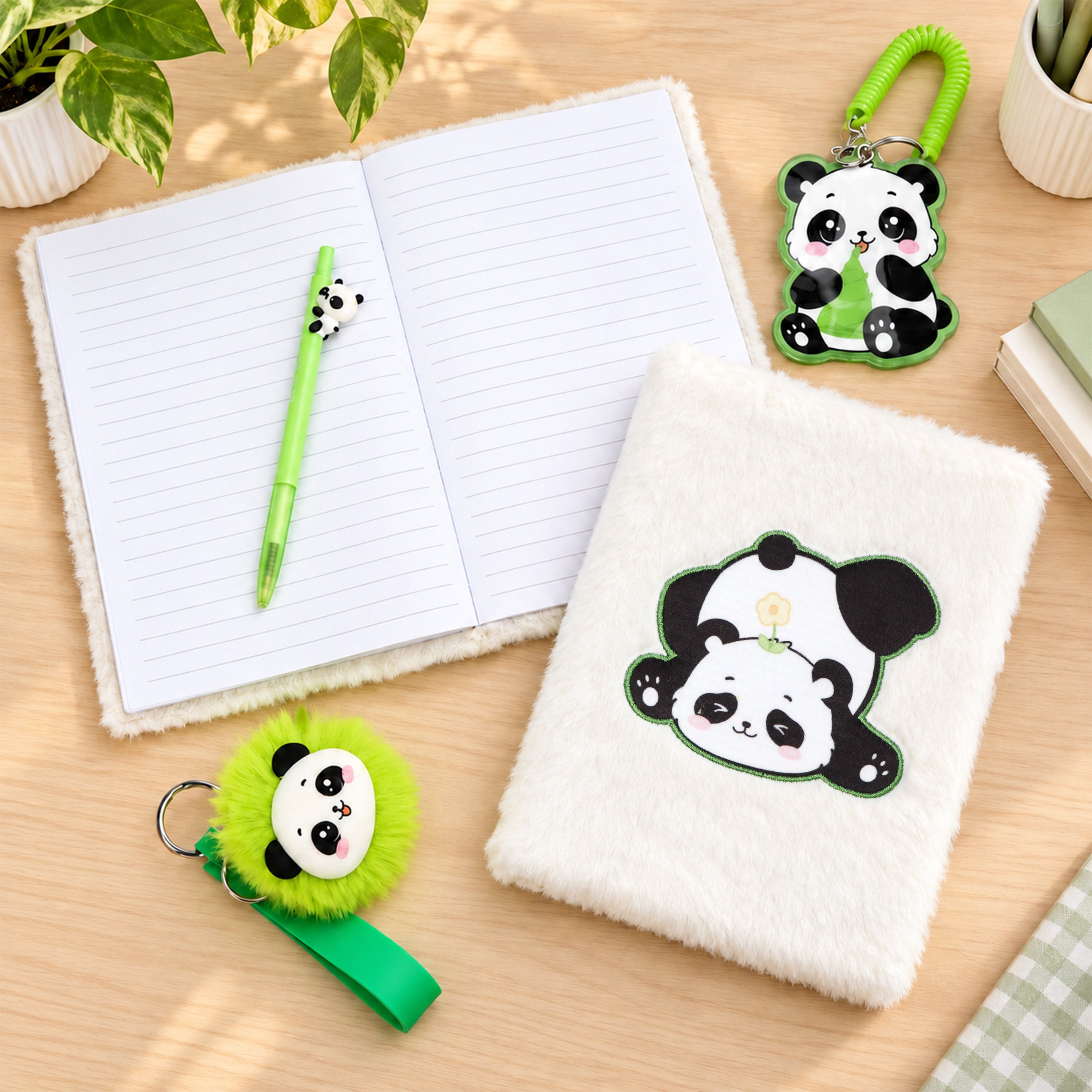 EXERZ A5 Fluffy Panda Notebook - Embroidered Cover, 160 Pages Lined Paper