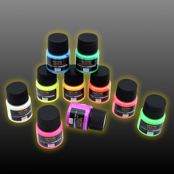 ARTME Glow in the Dark Acrylic Paint Set – 10 Colours x 20ml Tubes – Luminous Neon Paint