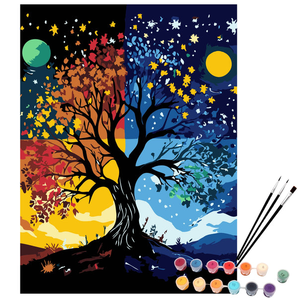 EXERZ Painting by Numbers Kit,30x40cm Canvas with Acrylic Pigment, Brushes and Accessories (Tree)