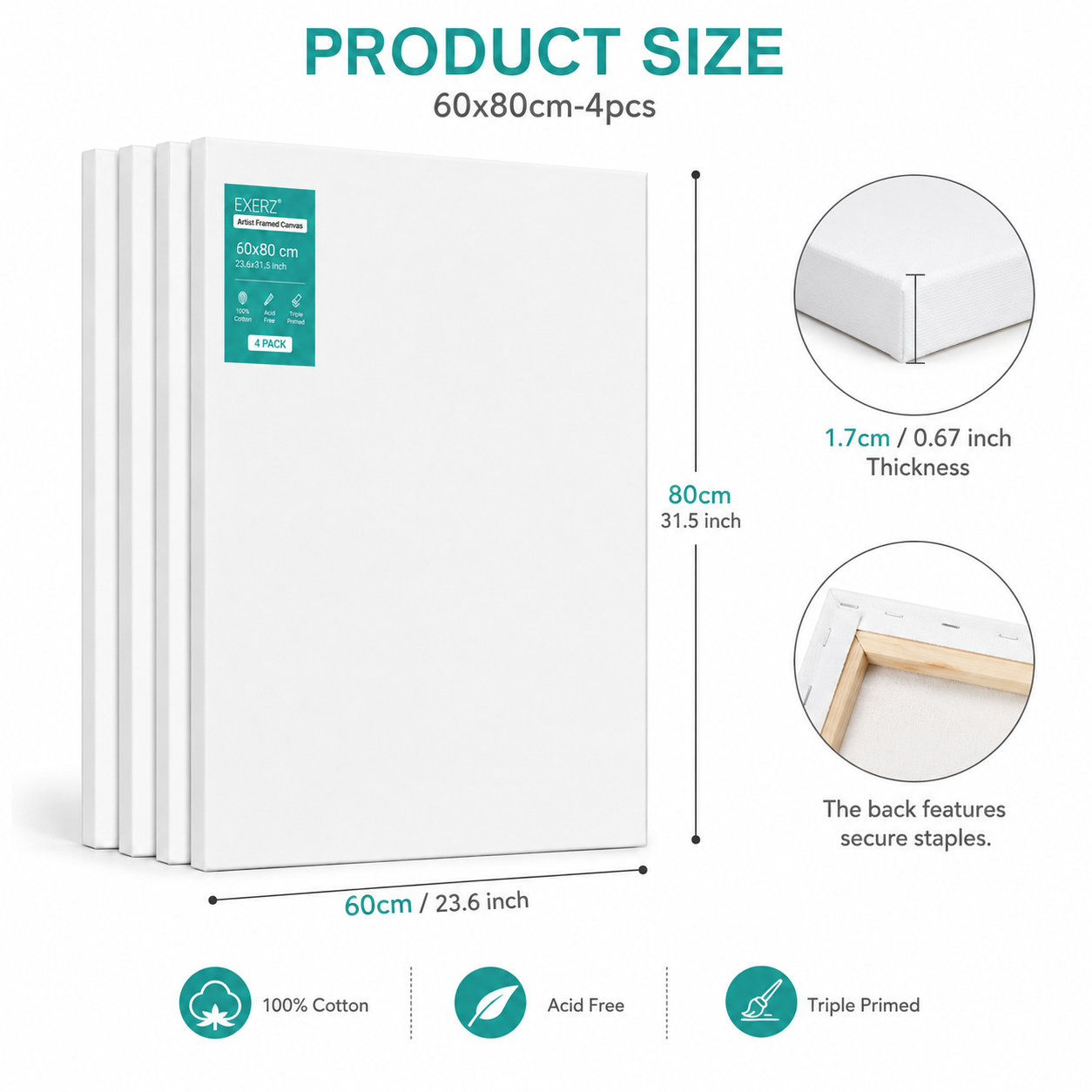 Exerz 60x80cm Stretched Canvas 4pk - 1.7cm/ 280GSM 100% Cotton