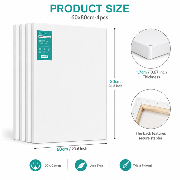 Exerz 60x80cm Stretched Canvas 4pk - 1.7cm/ 280GSM 100% Cotton