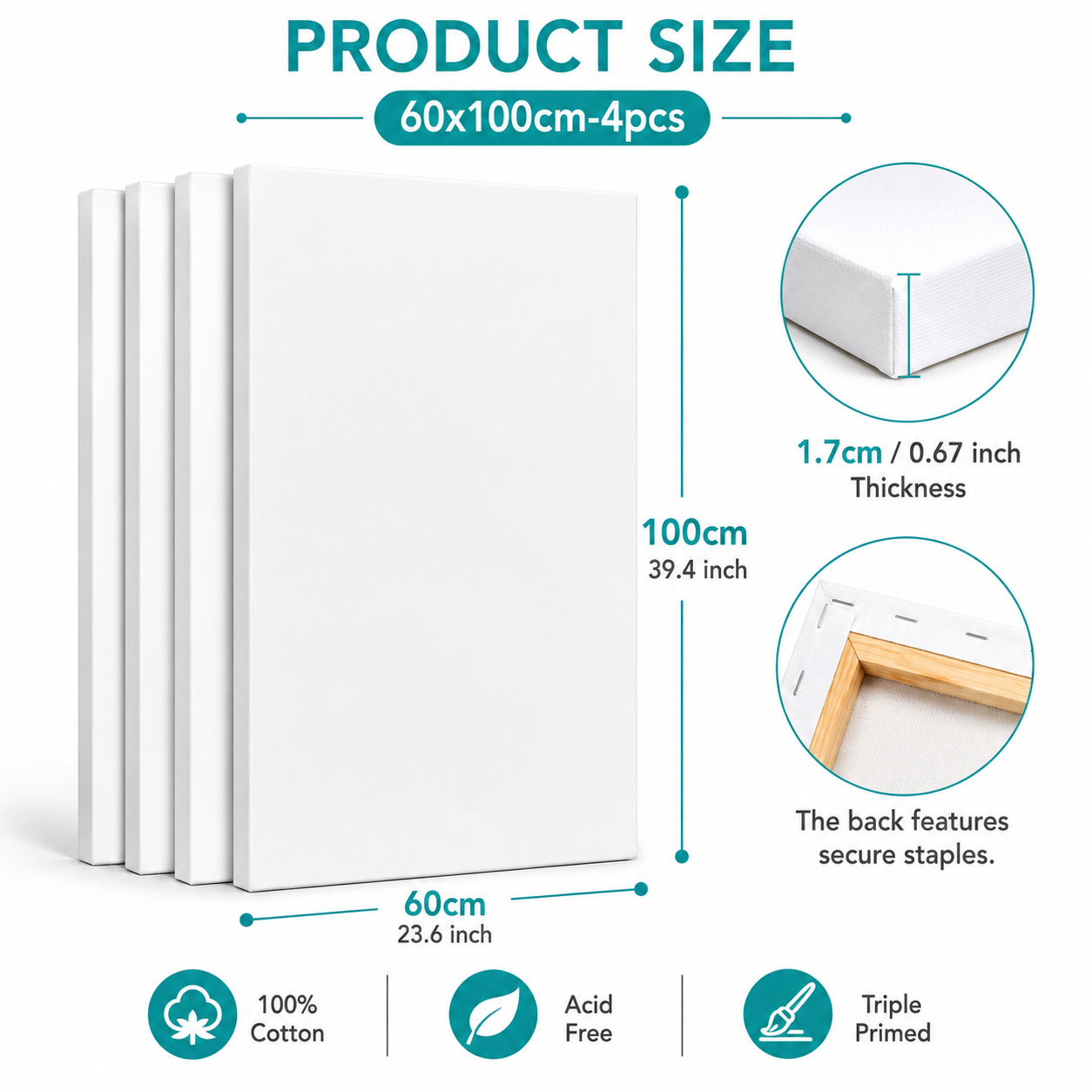 Exerz 60x100cm Stretched Canvas 4pk - 1.7cm/ 280GSM 100% Cotton