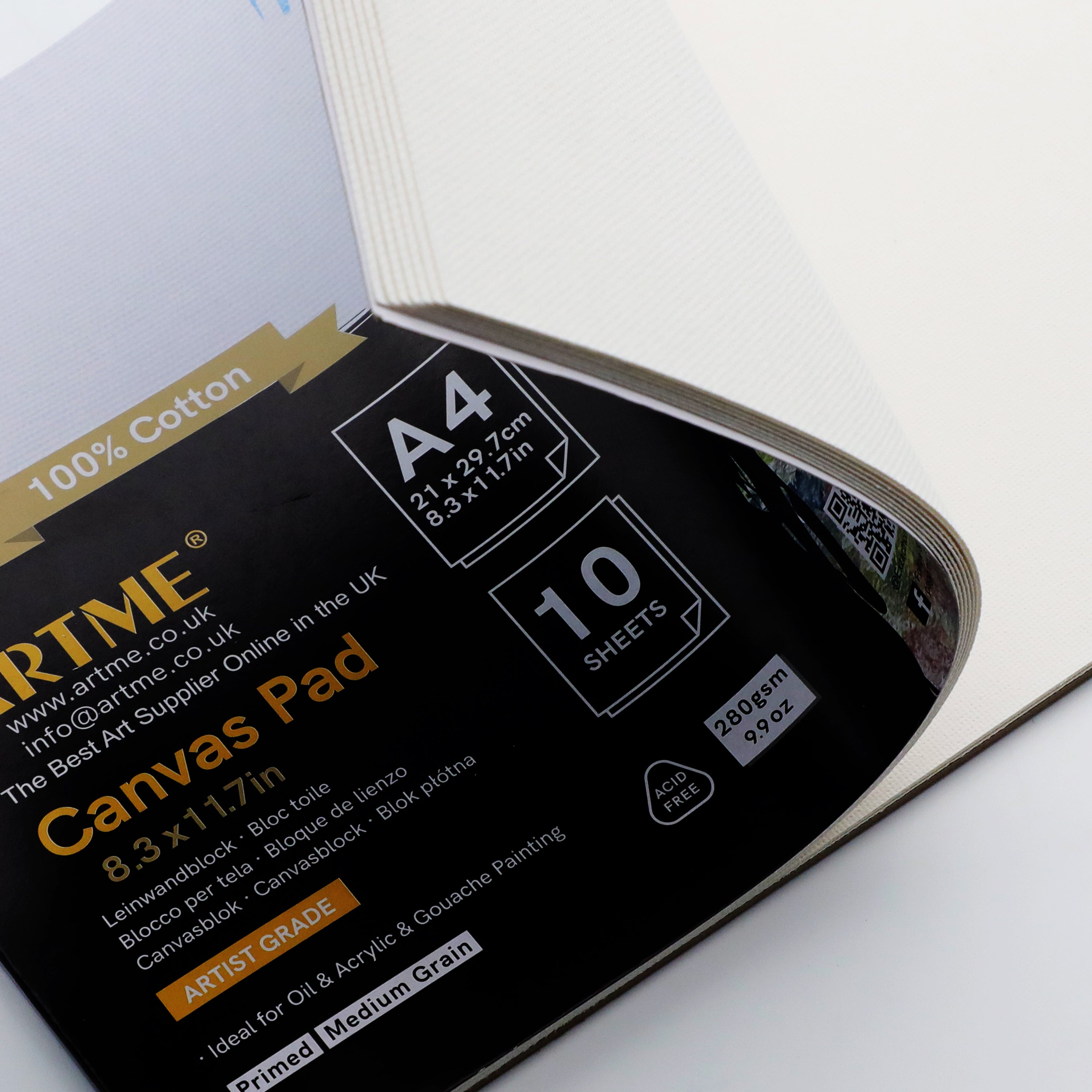 ARTME A4 Canvas Pad 1pk, 10 Sheets 280gsm, Triple Primed, Acid Free, 100% Cotton