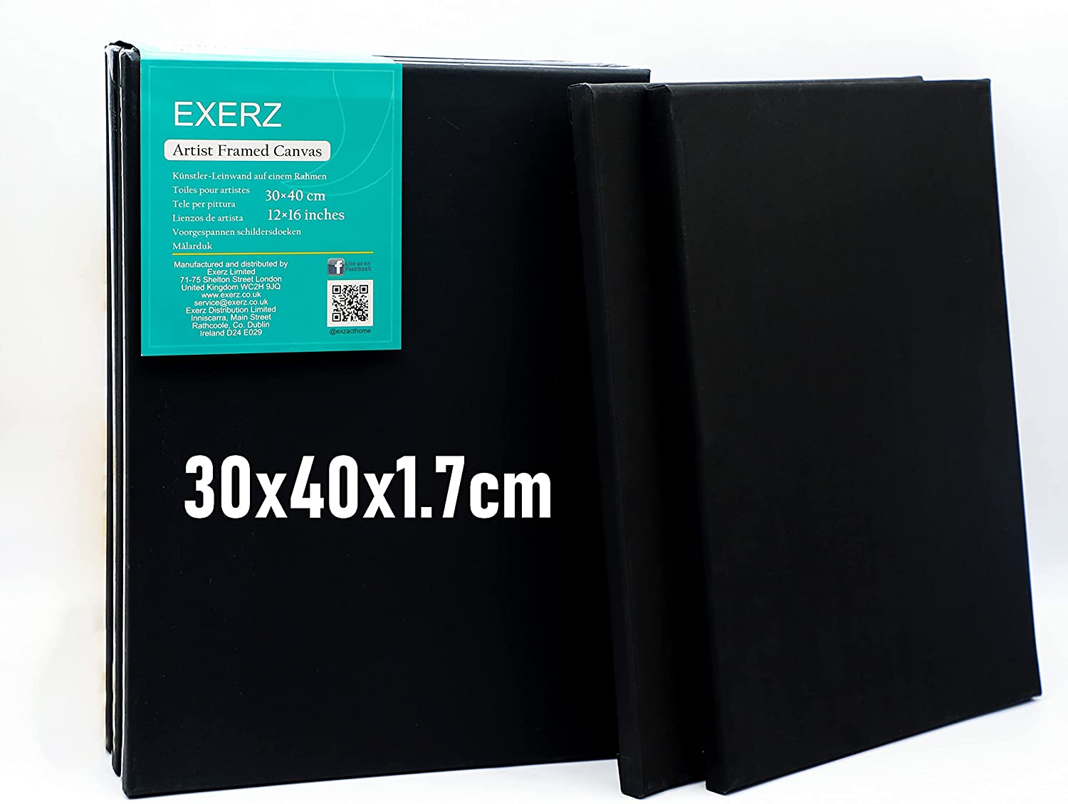 Exerz 30x40cm Black Canvas A3 1.7cm Stretched Artist Canvas - 280GSM 100% Cotton - 5PK