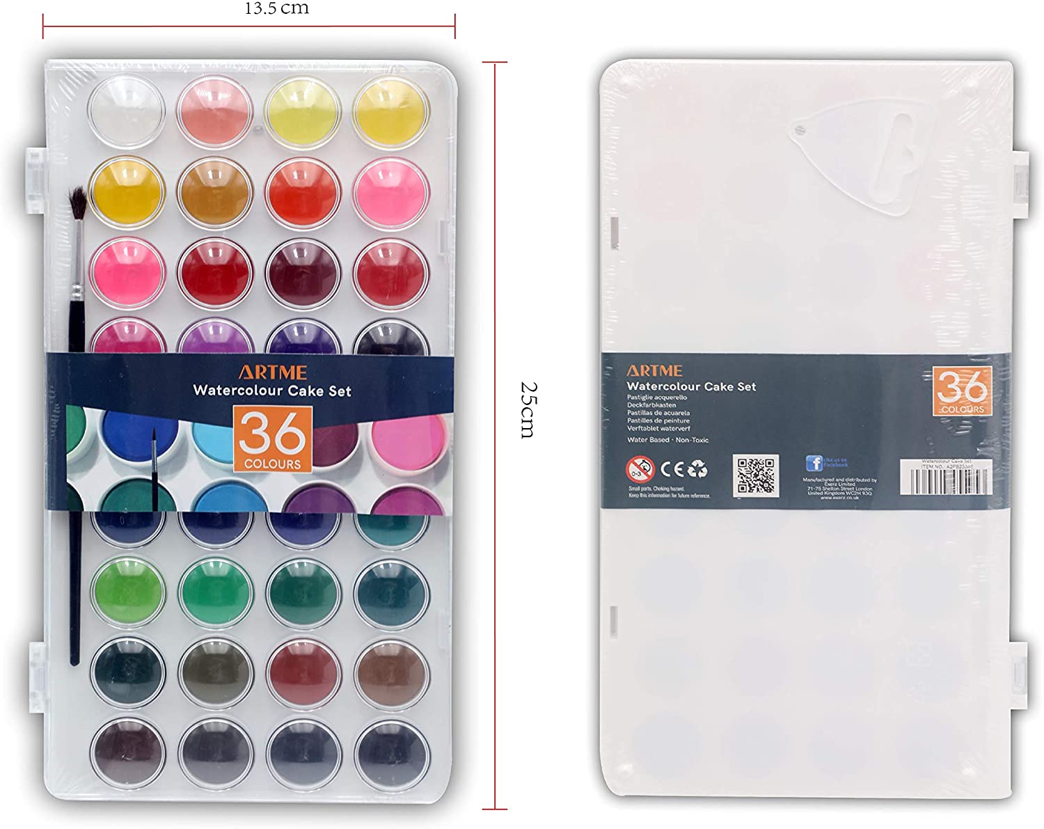 ARTME Watercolour Paint Cakes 36 Colours with a Brush - Artist Palettes kit box