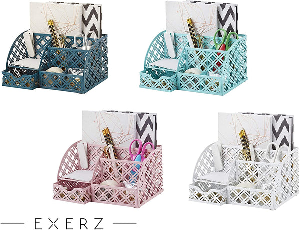 EXERZ Desk Organiser with 7 Compartments -Mesh Desk Tidy Caddy  - Light Pink